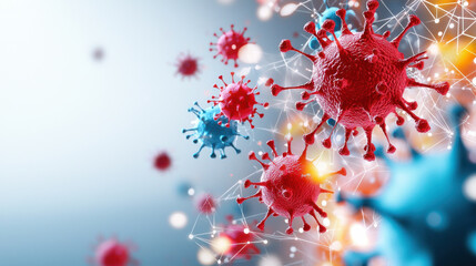 Aufkleber - Dynamic visualization of global health challenges, featuring colorful virus models in red and blue, interconnected by network of lines and lights, symbolizing impact of diseases