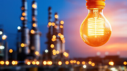 Aufkleber - glowing light bulb symbolizes renewable energy at factory, showcasing innovation and sustainability in industrial operations. background features blurred factory structures