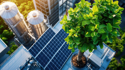 Aufkleber - factory utilizing renewable energy with solar panels and greenery. image showcases tree growing on rooftop, symbolizing sustainability and eco friendly practices