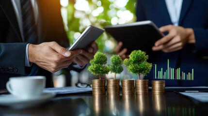 Aufkleber - Investors analyzing financial data trends with mobile devices and plants