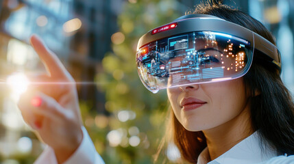 Wall Mural - professional woman wearing futuristic augmented reality glasses interacts with digital information in modern environment, showcasing advanced technology and innovation