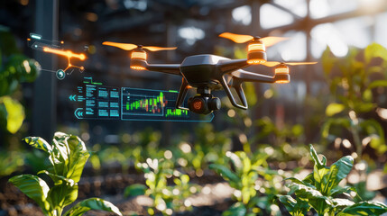 Aufkleber - futuristic drone monitoring crops in smart greenhouse, showcasing advanced technology and data analysis for agriculture. scene highlights innovation in farming practices