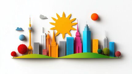 Poster - vibrant cityscape featuring colorful buildings, bright sun, and playful clouds, representing innovation and creativity in urban design