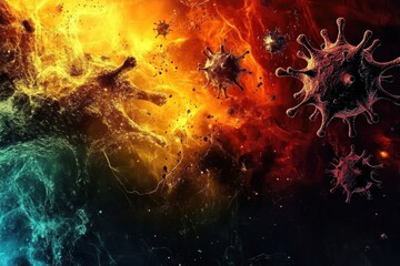 Poster - Visual representation of antibodies engaging with viruses in a dynamic and colorful environment. Generative AI