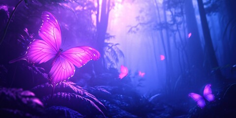 Wall Mural - Enchanting Purple Butterflies in a Mystical Forest at Dusk
