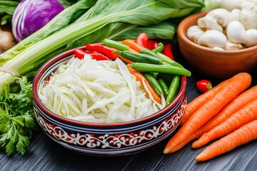 Wall Mural - Beautifully decorated fermentation crock filled with colorful vegetables in a traditional kitchen with a rustic ambiance