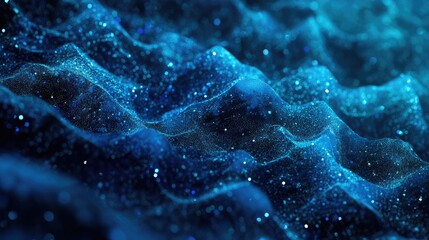 Wall Mural - luminous dark blue ocean waves texture with shimmering particles in 3d rendered background for abstr