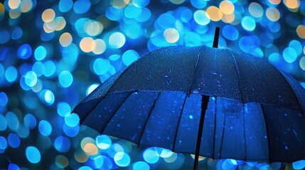 Wall Mural - abstract blue background with raindrop umbrella glowing bokeh lights for creative party or event the