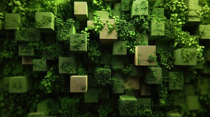 Wall Mural - green abstract cube background 3d rendering with lush vegetation modern pixel art technology concept