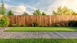 © ArtificialHorizons - Sustainable wooden privacy fence on a deck with lush green lawn and landscaped garden under a bright sky. Eco-friendly outdoor design.