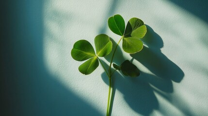 Wall Mural - Green clover leaves cast shadows on a light background