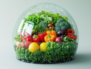 Craft a photorealistic 3D rendering of a sparkling glass dome encapsulating a variety of fresh produce, symbolizing top-notch food safety