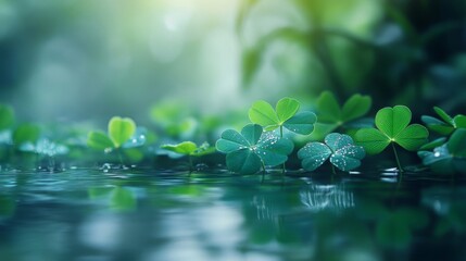 Wall Mural - Dew Kissed Shamrocks Reflecting In Still Water