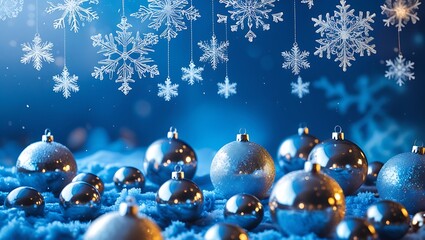 Wall Mural - blue christmas balls on snow ai generative