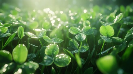 Wall Mural - Dew Covered Clover Plants Bask In Sunlight