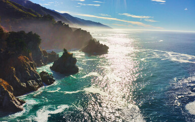 Wall Mural - Highway 1 and Big Sur along the Pacific Ocean coast, beautiful landscape and aerial view, sunset, sunrise, fog. Concept, travel, vacation, weekend