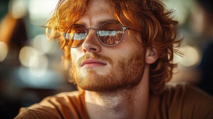 Wall Mural - Redhead man with freckles wearing round glasses