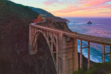 Wall Mural - Bixby Bridge on Highway 1 and Big Sur along Pacific Ocean coast, beautiful landscape and aerial view, sunset, sunrise, fog. Concept, travel, vacation, weekend