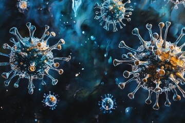 Aufkleber - Viruses floating in droplets of water under microscopic view revealing intricate structures and behaviors in aquatic environments. Generative AI