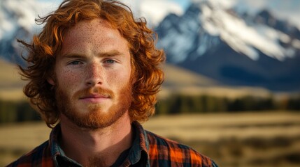 Wall Mural - Red haired man with freckles in a mountain landscape