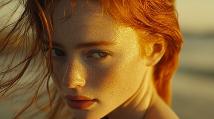 Wall Mural - Golden Hour Portrait Of A Freckled Redhead Woman