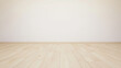 © Odin - Minimalist wooden floor and plain white wall interior for modern design presentations, product displays, and clean background concepts