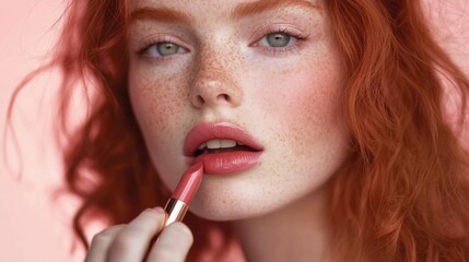 Canvas Print - Redhead Woman Applying Red Lipstick Close Up