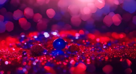 Wall Mural - Detailed view of sapphire glitter particles creating a vivid blue and red bokeh background 4K