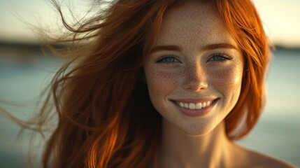 Wall Mural - Redhead woman smiling outdoors with windblown hair