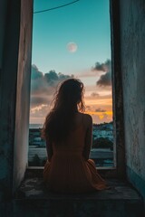 Wall Mural - A beautiful woman sits quietly, admiring the sunset and moon.