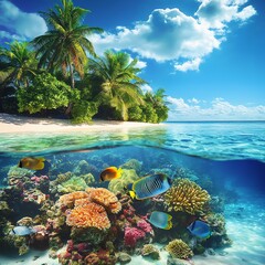 Wall Mural - tropical beach and coral reef fish underwater