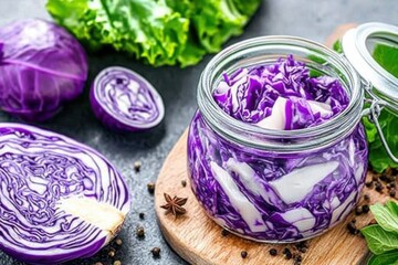 Wall Mural - Bright purple sauerkraut in a jar on a wooden cutting board with fresh red cabbage and spices in a rustic kitchen setting