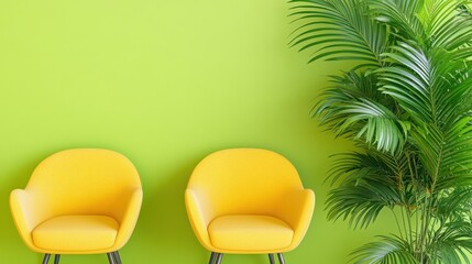 Canvas Print - Vibrant corporate lounge area with green walls, modern seating, and large indoor plants creating a fresh environment