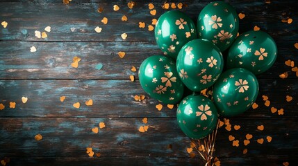 Wall Mural - Green Balloons With Shamrocks On Wooden Background