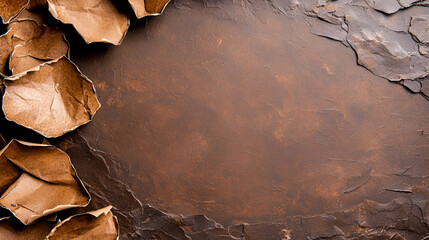 Sticker - A textured, dark brown surface surrounded by dried, curled leaves, creating a natural and rustic aesthetic ideal for backgrounds or food photography.