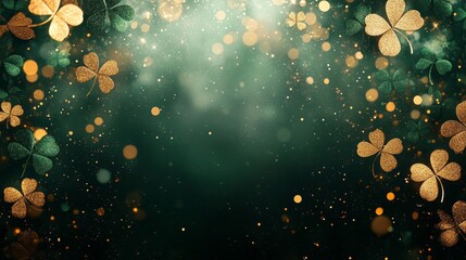 Wall Mural - Sparkling Gold And Green Shamrocks Festive Background