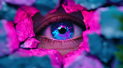 Sticker - A vibrant eye peeks through a cracked surface, illuminated by striking pink and blue colors, creating an intriguing visual contrast.