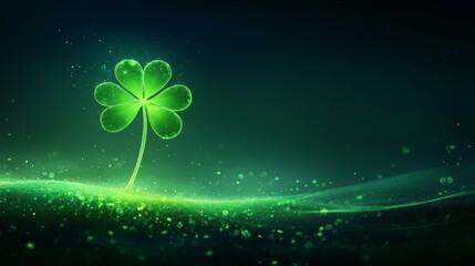 Wall Mural - Glowing Green Four Leaf Clover On Dark Background