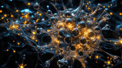 Poster - This 3D representation showcases the intricate structure of a virus, highlighting its capsid, spikes, and glowing RNA strands in a scientific display