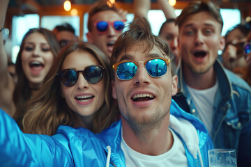 Trendy young group posing confidently under vibrant neon lights, stylish outfits and bold expressions