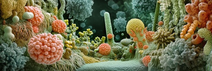 Poster - Exploring intricate textures and forms of bacteria in vibrant colors within a microscopic landscape. Generative AI