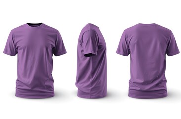 Versatile purple t-shirt front, side, and back views for mockup design