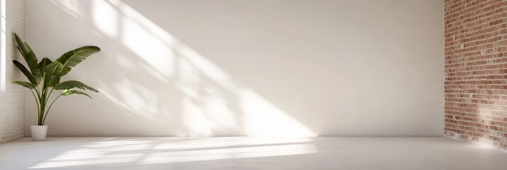Aufkleber - Large, bright, empty room with white walls and floor, a brick wall, a potted plant, and sunlight streaming through a window, creating shadows on the wall, perfect for showcasing designs or products
