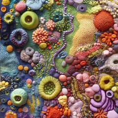 Poster - Bacteria textures covering a diverse landscape with vibrant colors and unique forms in a close up view. Generative AI