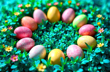 Colorful Easter eggs surrounded by green foliage and flowers for spring celebrations