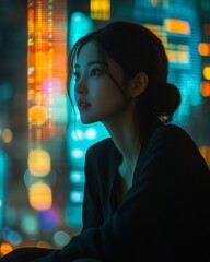 Aufkleber - Focused Asian Woman Analyzing Abstract Market Data in Softly Lit Room