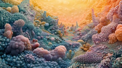Poster - Colorful bacterial landscape showcasing intricate forms and textures in vibrant hues during a serene setting. Generative AI