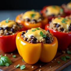 Wall Mural - The image shows a group of stuffed bell peppers on a wooden cutting board. The bell peppers are red and yellow in color and are filled with a mixture of black beans, rice, and cheese.