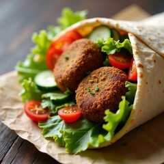 Wall Mural - The image shows a pita sandwich on a wooden table. The pita is wrapped in a tortilla and is filled with a variety of ingredients.