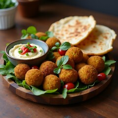 Wall Mural - The image shows a wooden platter with a variety of food items on it. On the left side of the platter, there is a small bowl of creamy white sauce with a red chili pepper on top.